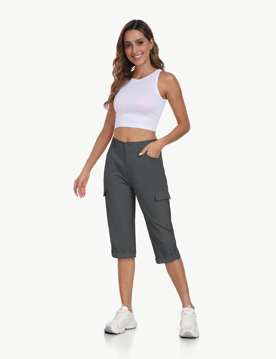 MoFiz Women's Cargo Capri Pants Cotton Roll up Convertible Capris Summer Casual Athletic Hiking Cropped Pants with Pockets