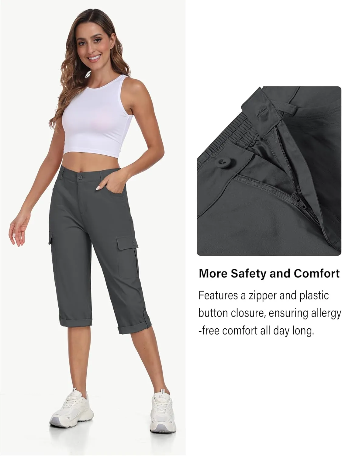MoFiz Women's Cargo Capri Pants Cotton Roll up Convertible Capris Summer Casual Athletic Hiking Cropped Pants with Pockets