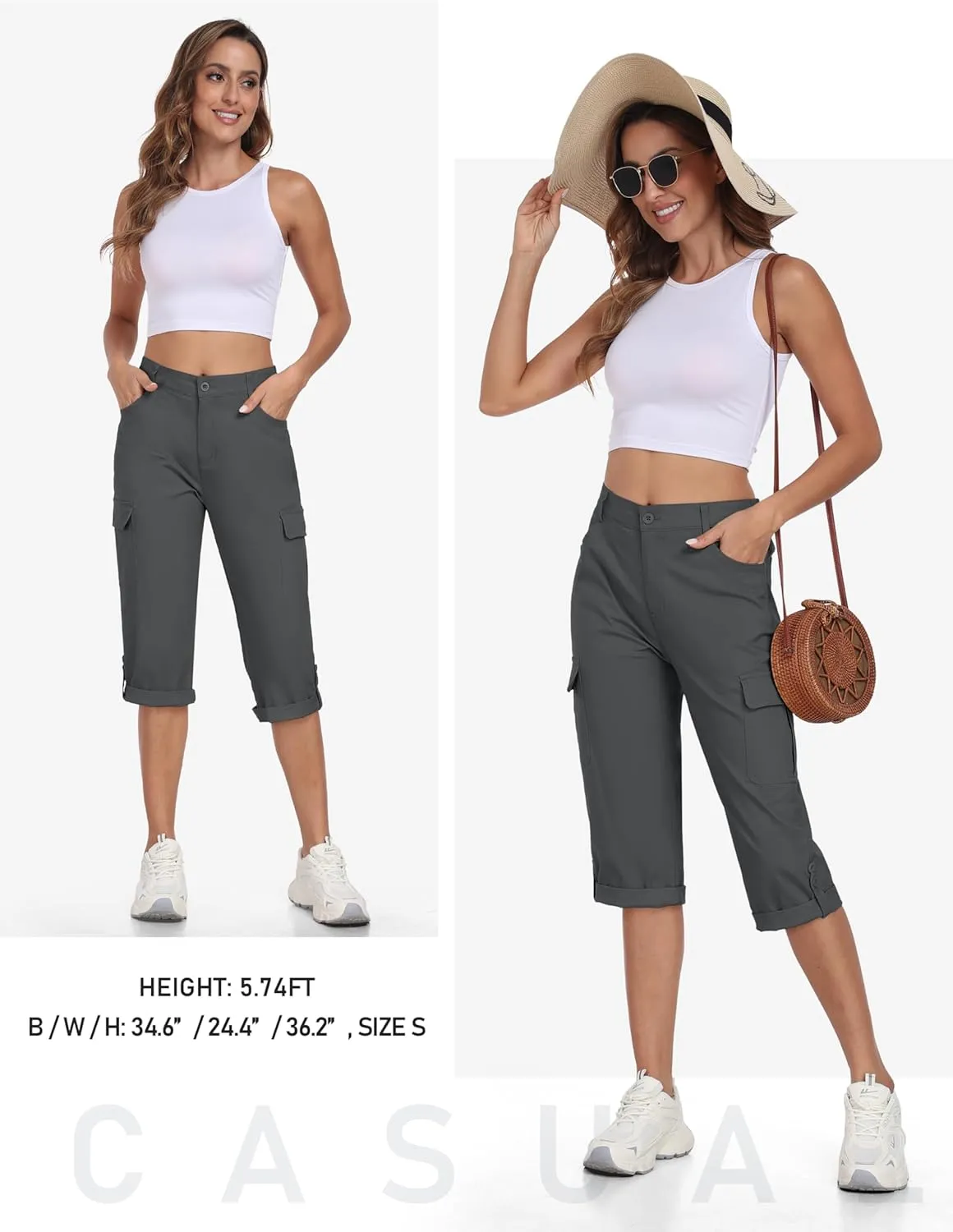 MoFiz Women's Cargo Capri Pants Cotton Roll up Convertible Capris Summer Casual Athletic Hiking Cropped Pants with Pockets