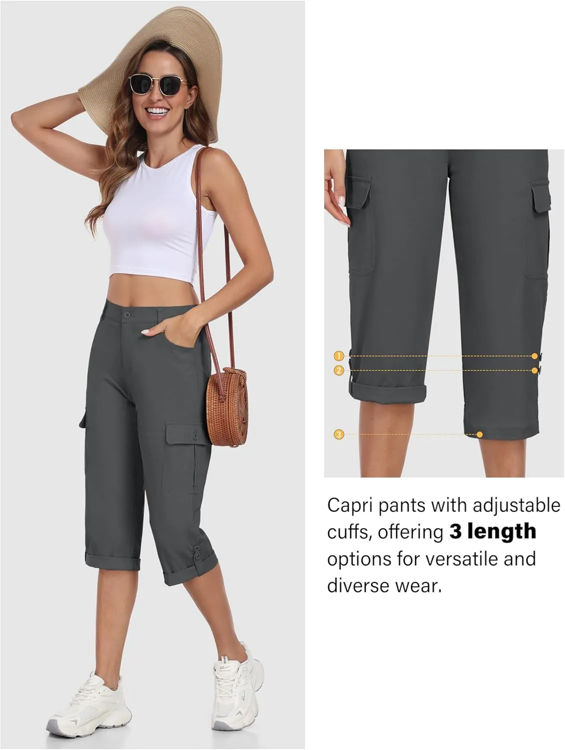 MoFiz Women's Cargo Capri Pants Cotton Roll up Convertible Capris Summer Casual Athletic Hiking Cropped Pants with Pockets