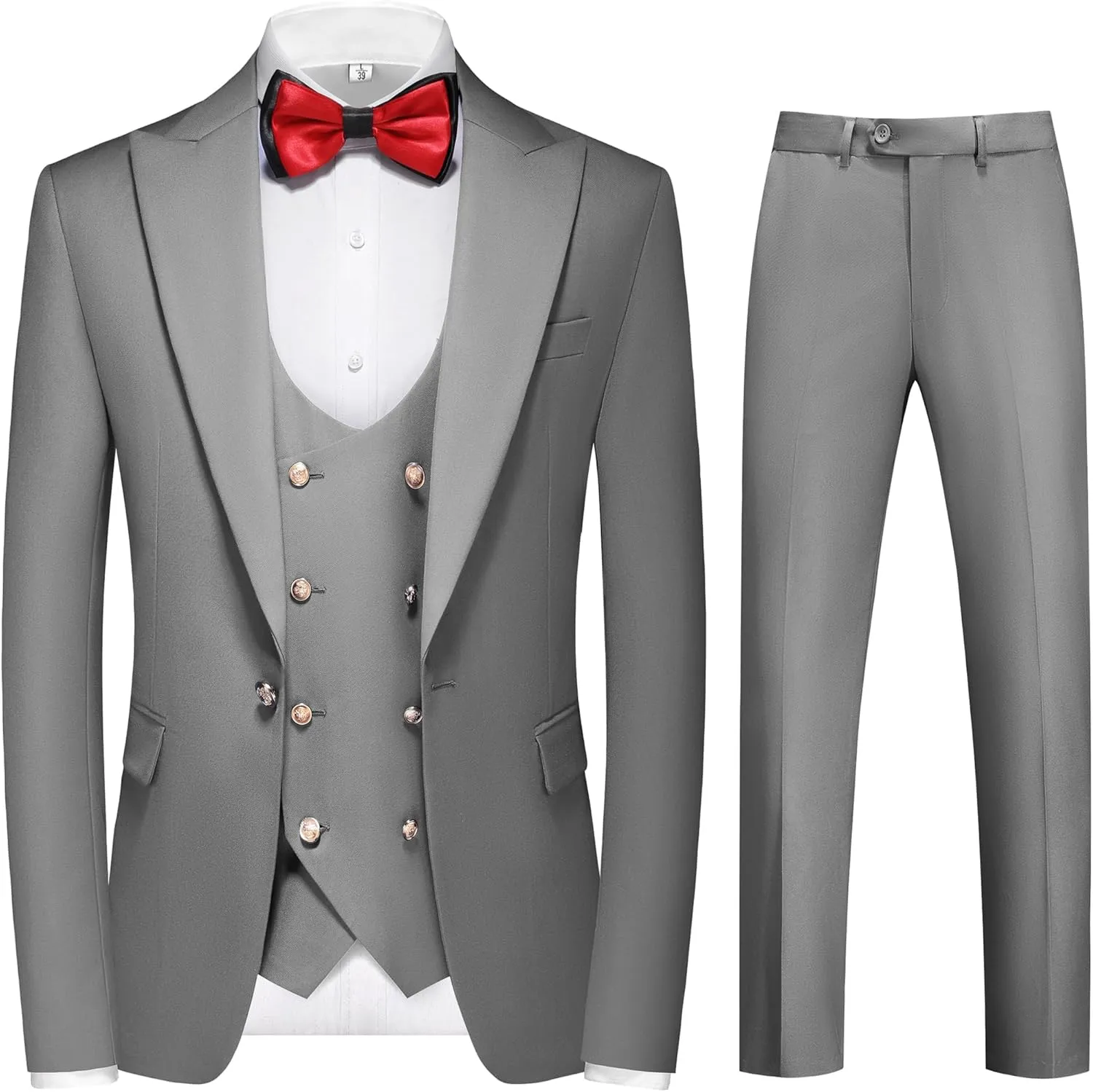 MOGU Mens Suits Gold Buttons 3 Piece Slim Fit Tuxedo Suit Set Blazer Vest Pants for Wedding Prom