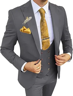MOGU Mens Suits Gold Buttons 3 Piece Slim Fit Tuxedo Suit Set Blazer Vest Pants for Wedding Prom