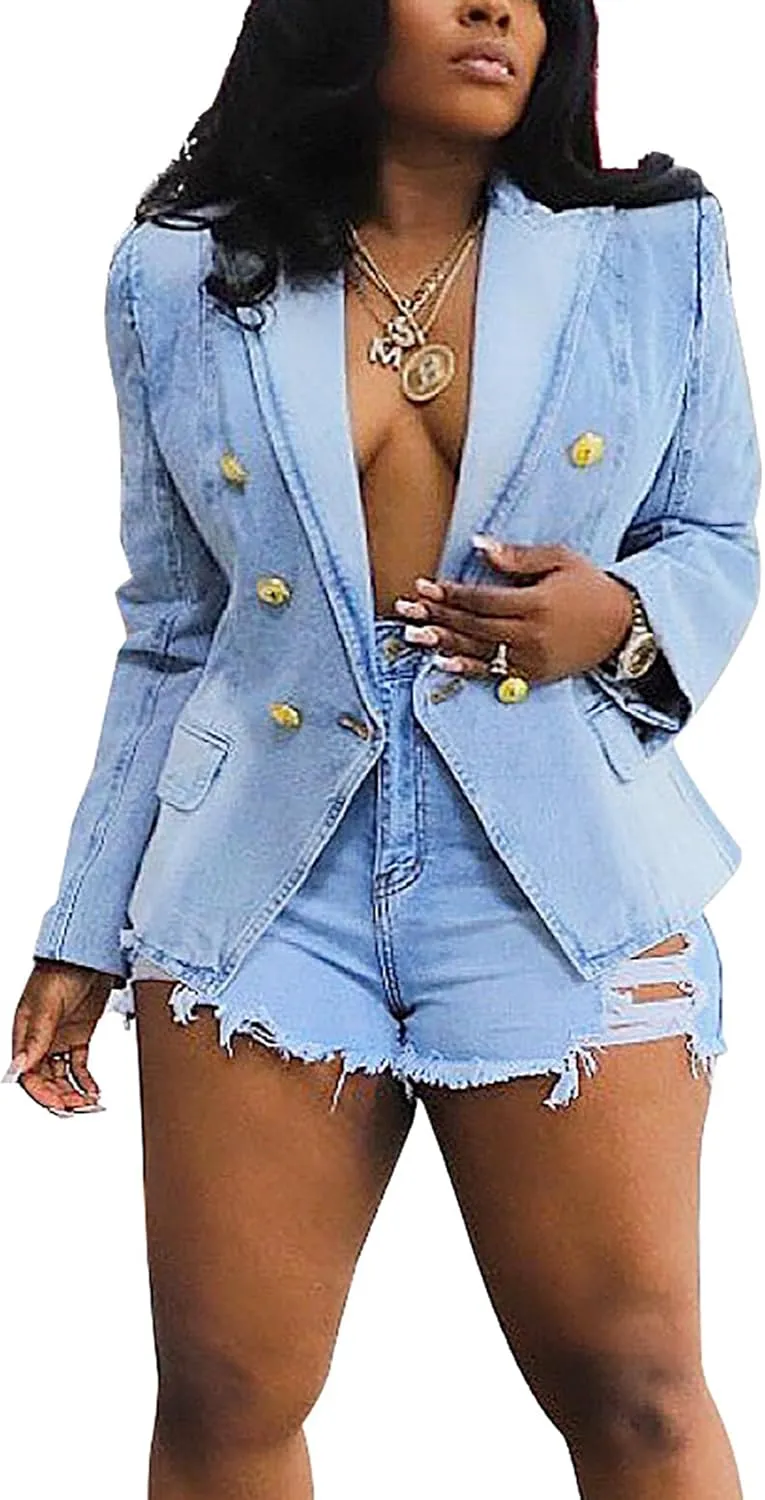 Molsiry Women Casual Denim Jacket Long Sleeve Work Double Breasted Jean Blazer Peplum Coat 2023