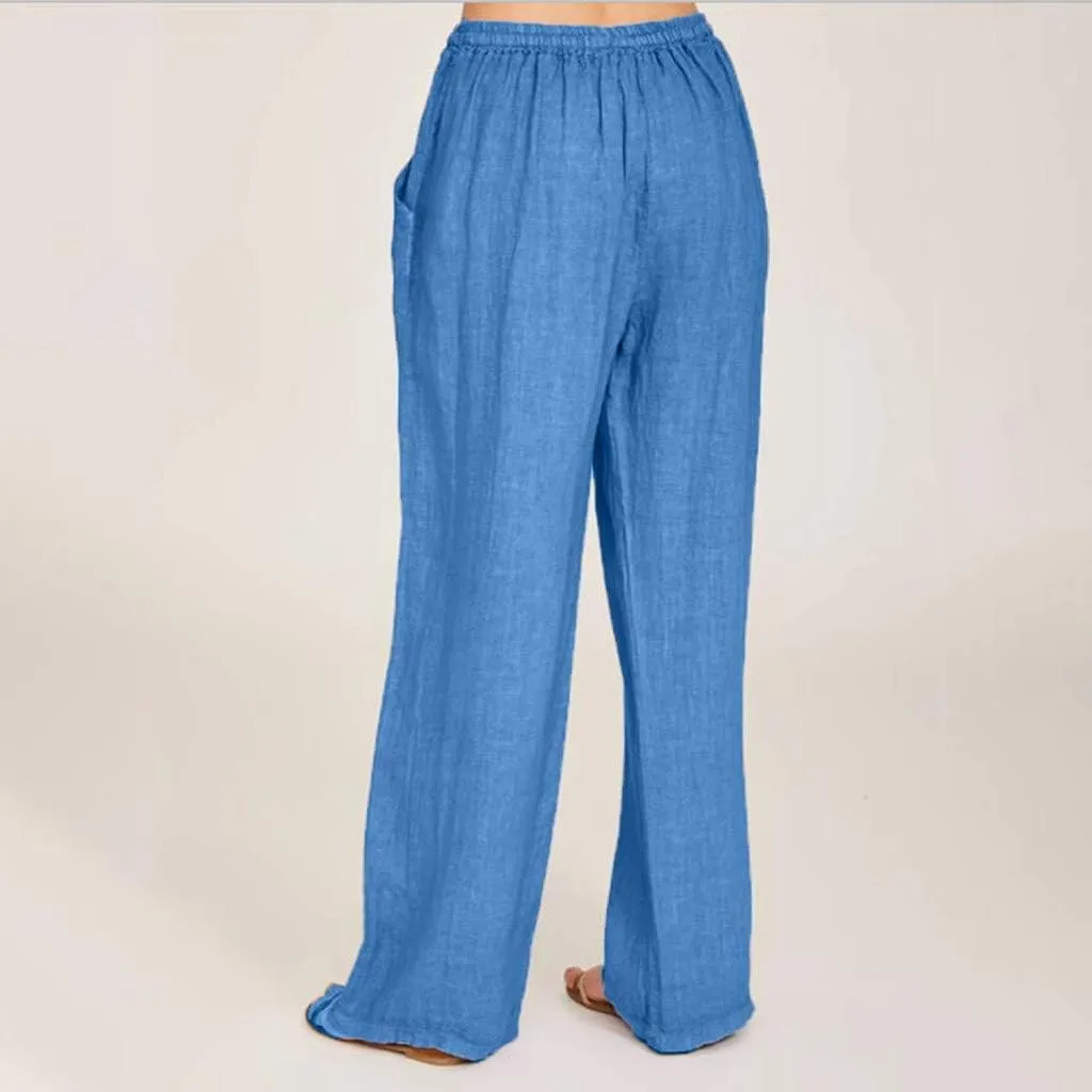 MRGIINRI Linen Pants for Women Summer 2024 Casual Drawstring Elastic Waist Long Wide Leg Pant Lounge Trousers with Pockets