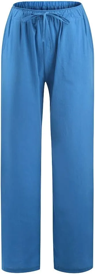 MRGIINRI Linen Pants for Women Summer 2024 Casual Drawstring Elastic Waist Long Wide Leg Pant Lounge Trousers with Pockets