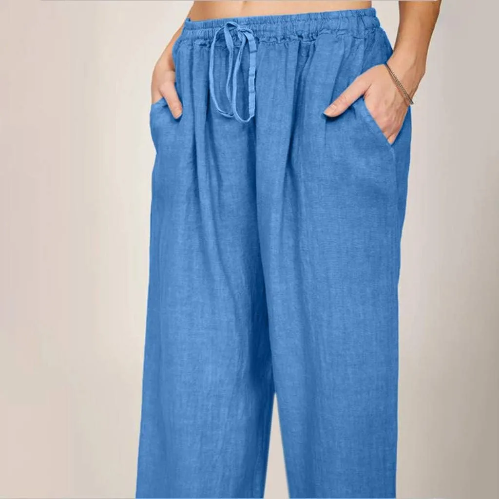 MRGIINRI Linen Pants for Women Summer 2024 Casual Drawstring Elastic Waist Long Wide Leg Pant Lounge Trousers with Pockets