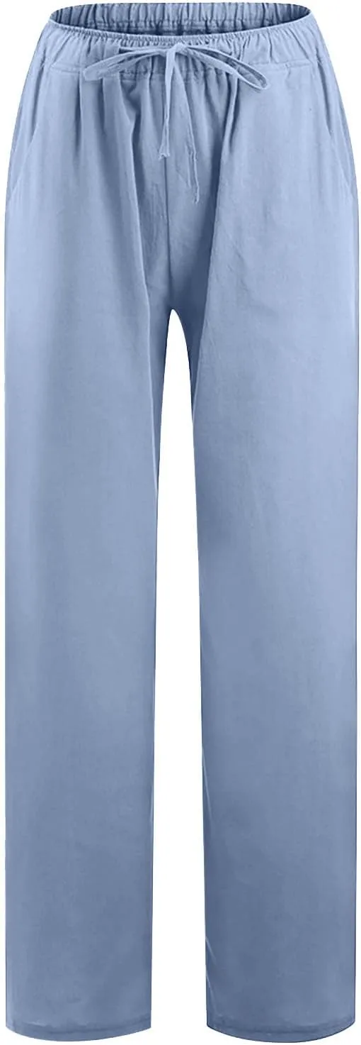 MRGIINRI Linen Pants for Women Summer 2024 Casual Drawstring Elastic Waist Long Wide Leg Pant Lounge Trousers with Pockets