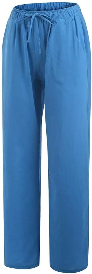 MRGIINRI Linen Pants for Women Summer 2024 Casual Drawstring Elastic Waist Long Wide Leg Pant Lounge Trousers with Pockets