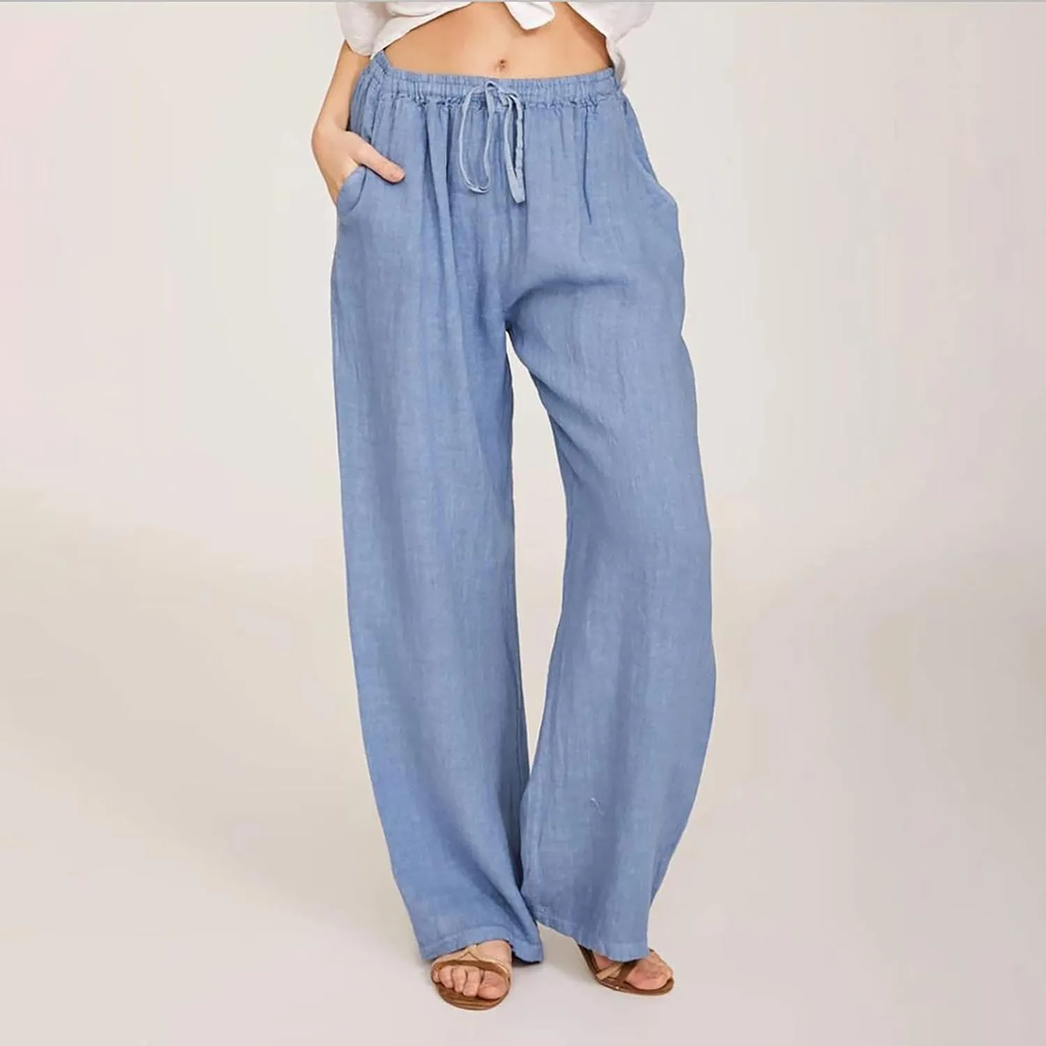 MRGIINRI Linen Pants for Women Summer 2024 Casual Drawstring Elastic Waist Long Wide Leg Pant Lounge Trousers with Pockets