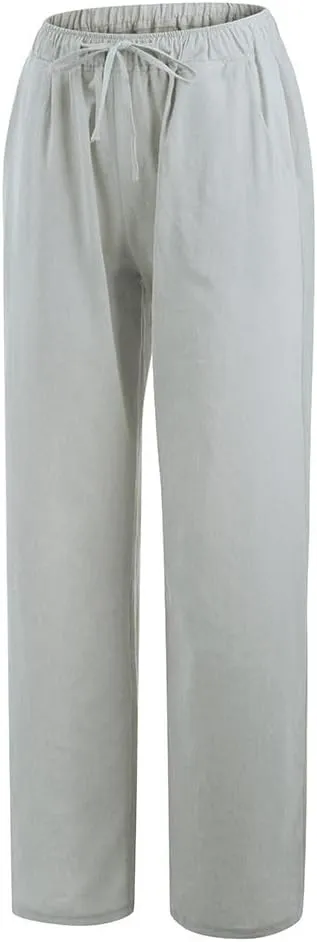 MRGIINRI Linen Pants for Women Summer 2024 Casual Drawstring Elastic Waist Long Wide Leg Pant Lounge Trousers with Pockets
