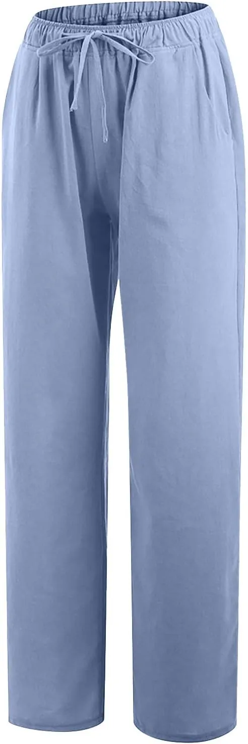 MRGIINRI Linen Pants for Women Summer 2024 Casual Drawstring Elastic Waist Long Wide Leg Pant Lounge Trousers with Pockets