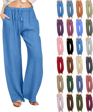 MRGIINRI Linen Pants for Women Summer 2024 Casual Drawstring Elastic Waist Long Wide Leg Pant Lounge Trousers with Pockets