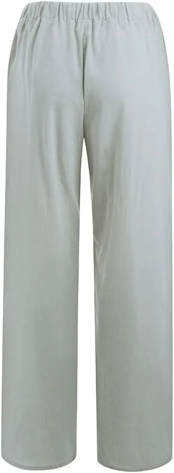 MRGIINRI Linen Pants for Women Summer 2024 Casual Drawstring Elastic Waist Long Wide Leg Pant Lounge Trousers with Pockets