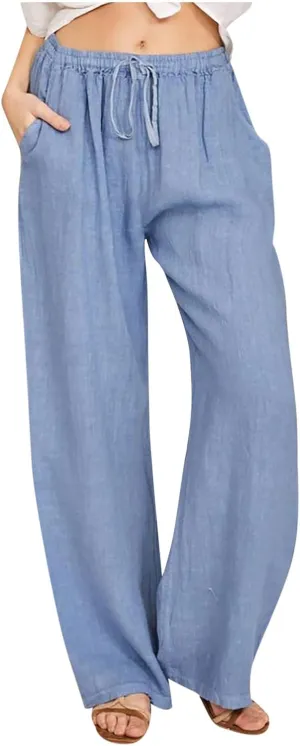 MRGIINRI Linen Pants for Women Summer 2024 Casual Drawstring Elastic Waist Long Wide Leg Pant Lounge Trousers with Pockets