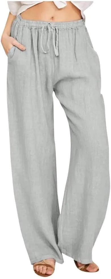MRGIINRI Linen Pants for Women Summer 2024 Casual Drawstring Elastic Waist Long Wide Leg Pant Lounge Trousers with Pockets