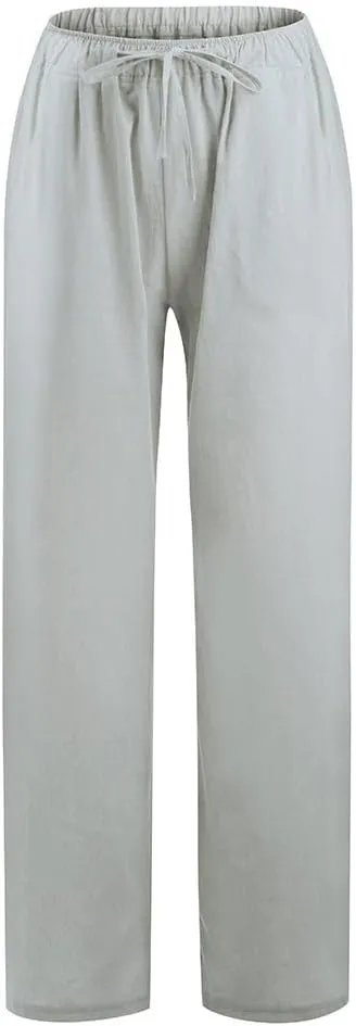 MRGIINRI Linen Pants for Women Summer 2024 Casual Drawstring Elastic Waist Long Wide Leg Pant Lounge Trousers with Pockets