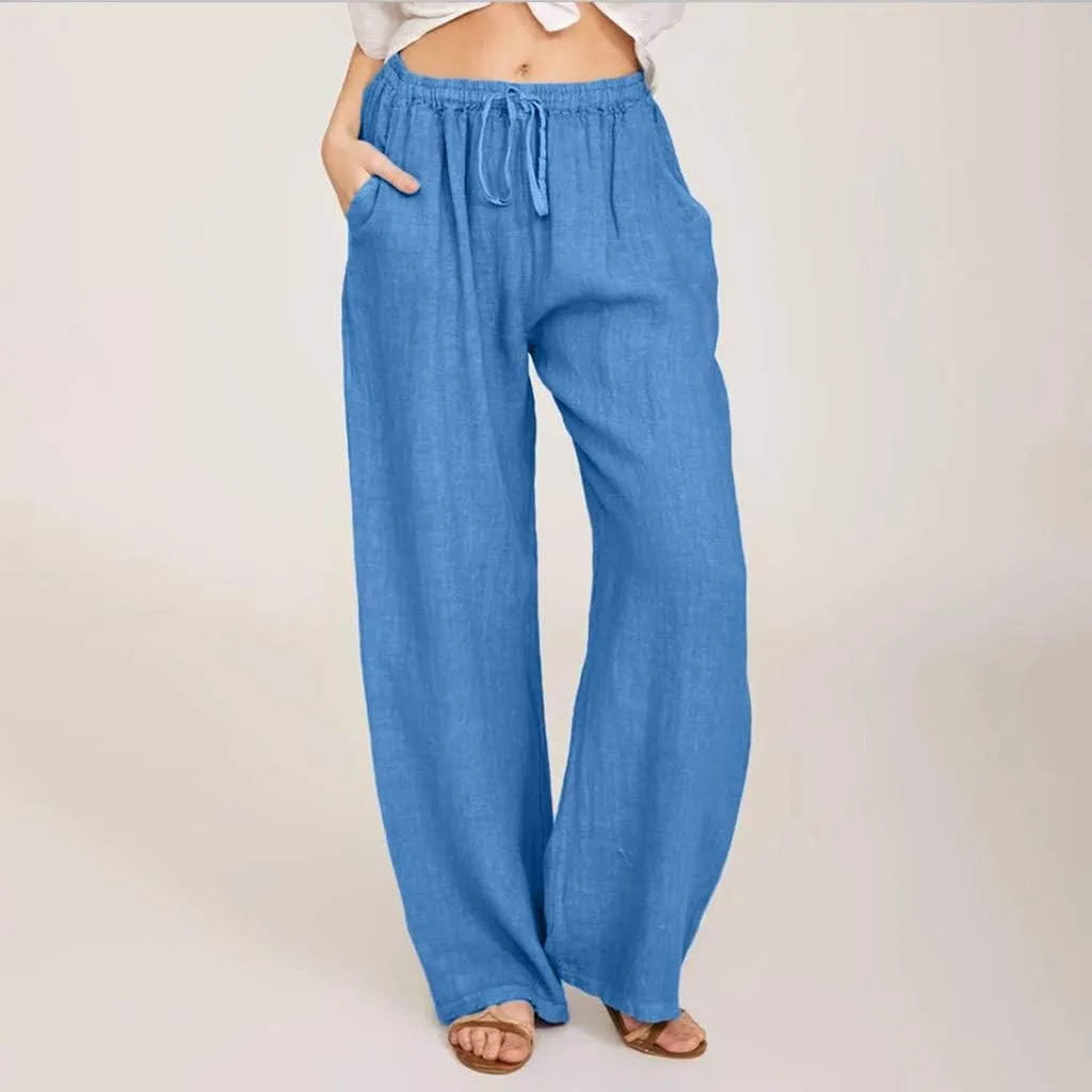 MRGIINRI Linen Pants for Women Summer 2024 Casual Drawstring Elastic Waist Long Wide Leg Pant Lounge Trousers with Pockets