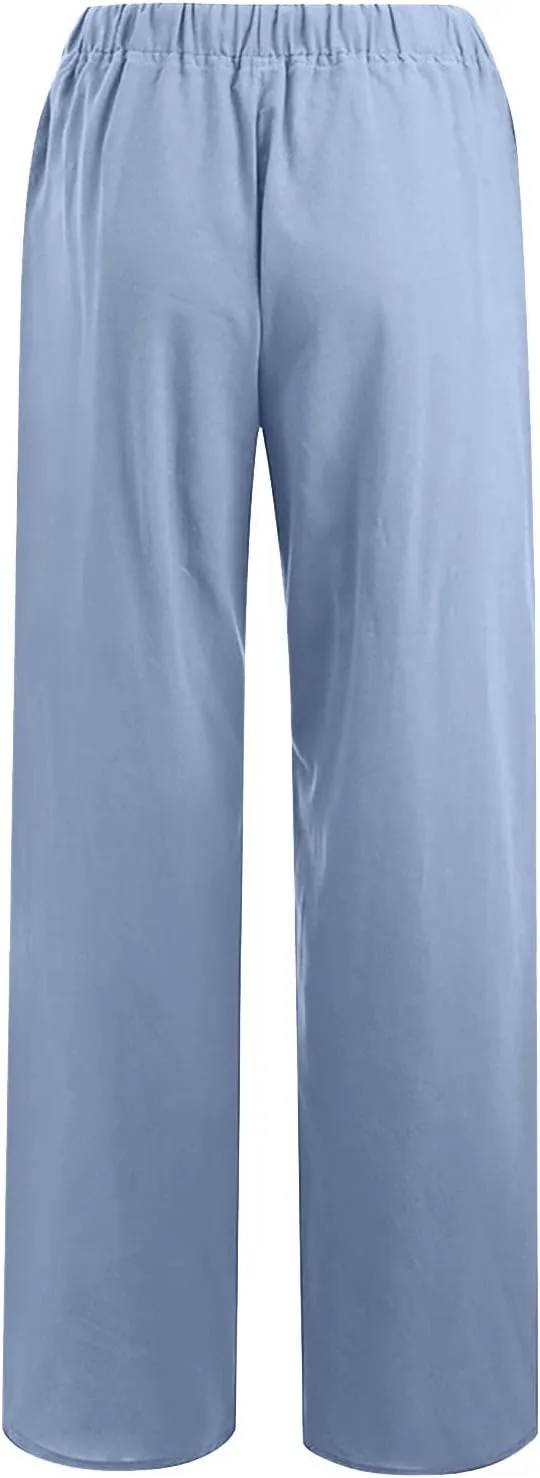 MRGIINRI Linen Pants for Women Summer 2024 Casual Drawstring Elastic Waist Long Wide Leg Pant Lounge Trousers with Pockets