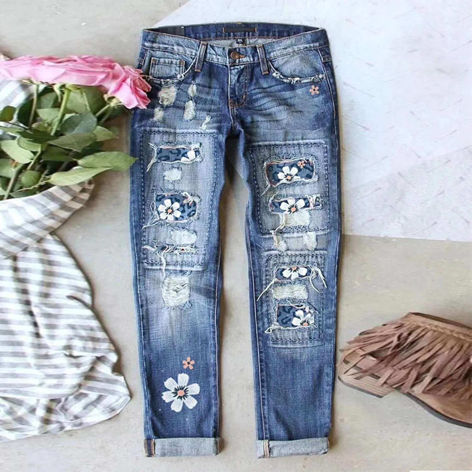 Muyise Boyfriend Jeans for Women Patchwork Distressed Casual Ripped Jeans Stretch Straight Leg Denim Trousers with Pockets