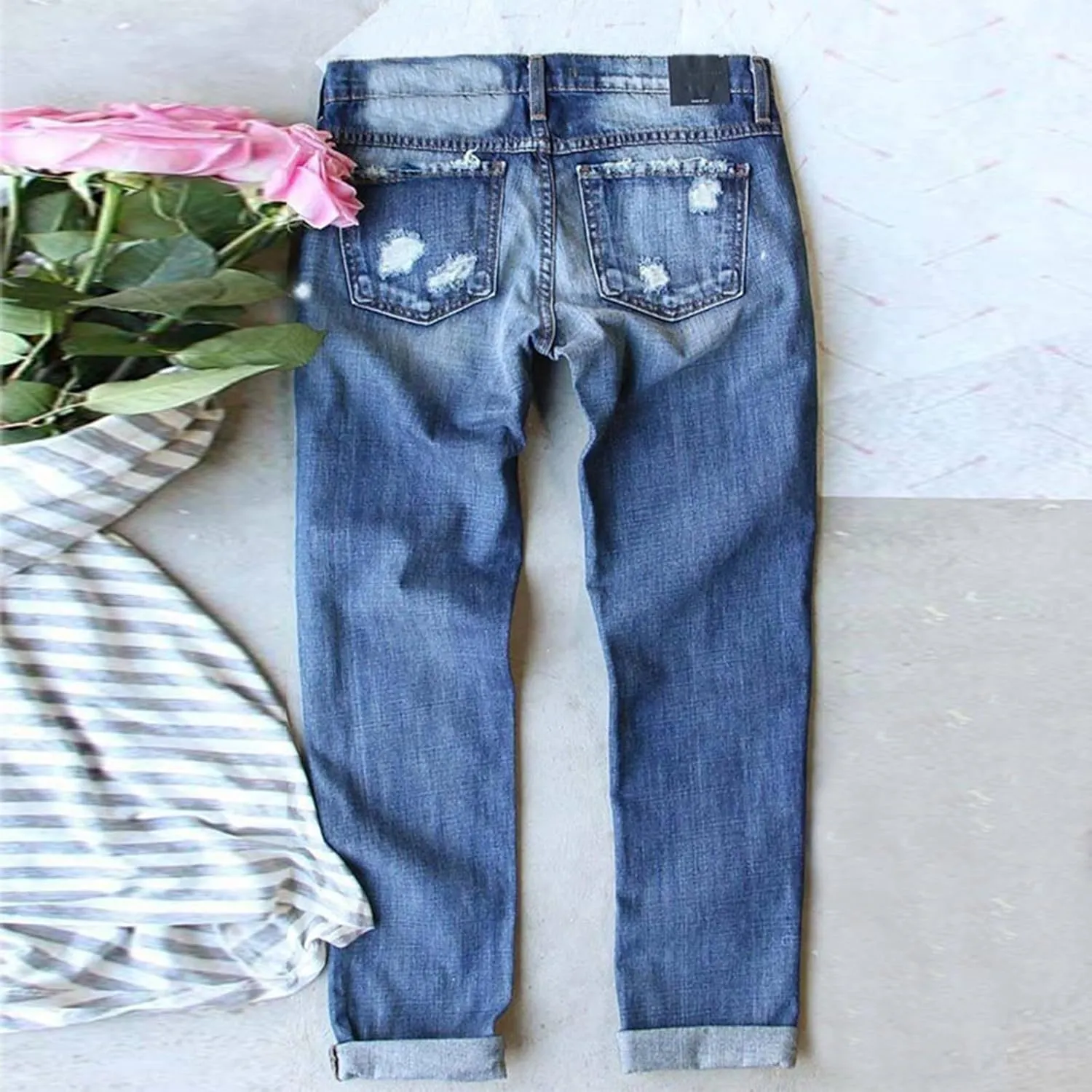 Muyise Womens Patchwork Stretch Boyfriend Distressed Ripped Jeans Sunflower Print Ripped Destroyed Denim Pants with Pockets