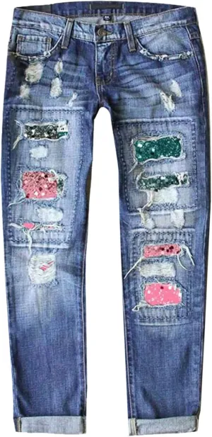 Muyise Womens Patchwork Stretch Boyfriend Distressed Ripped Jeans Sunflower Print Ripped Destroyed Denim Pants with Pockets