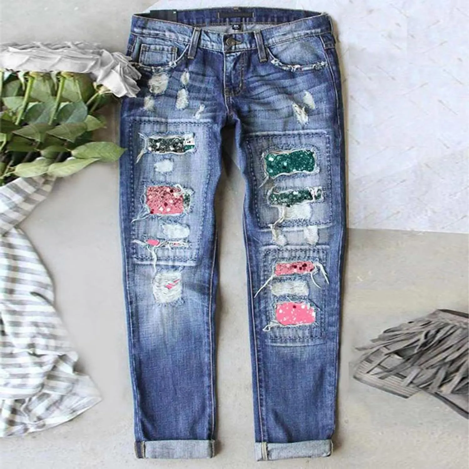 Muyise Womens Patchwork Stretch Boyfriend Distressed Ripped Jeans Sunflower Print Ripped Destroyed Denim Pants with Pockets