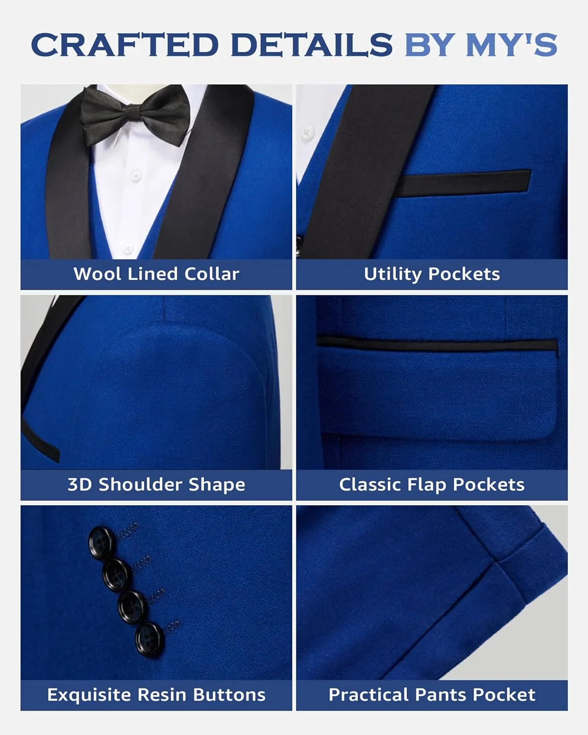 MY'S Mens 3-Piece Suit Shawl Lapel One Button Tuxedo Slim Fit Dinner Jacket Vest Pants & Tie Set