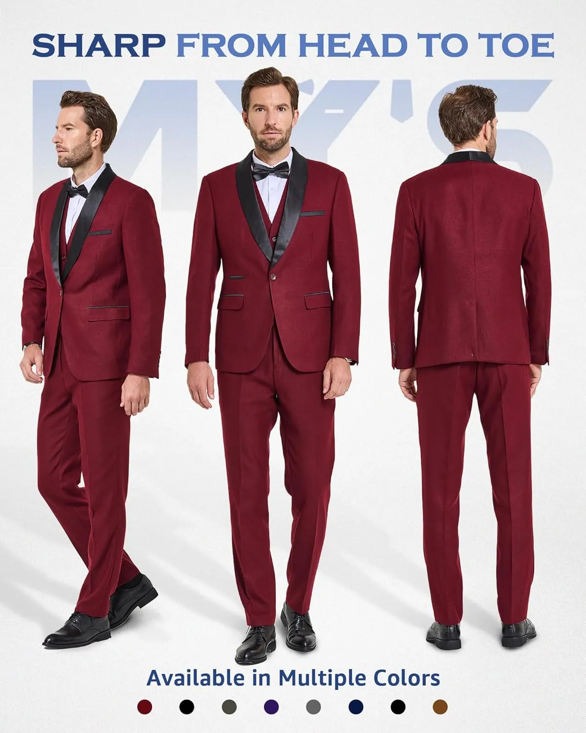 MY'S Mens 3-Piece Suit Shawl Lapel One Button Tuxedo Slim Fit Dinner Jacket Vest Pants & Tie Set
