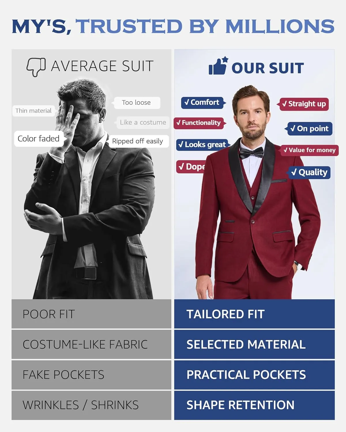 MY'S Mens 3-Piece Suit Shawl Lapel One Button Tuxedo Slim Fit Dinner Jacket Vest Pants & Tie Set