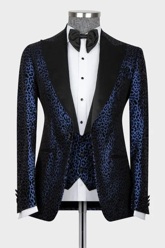Navy Blue Peaked Lapel Three Pieces Prom Suits Patterned Glitter Tuxedo