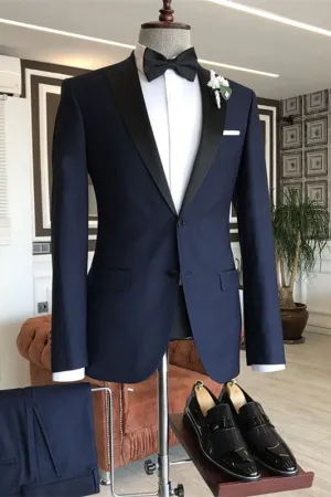 Navy Blue Peaked Lapel Two Pieces Formal Business Suits One Button Slim Fit Wedding Groom Suits