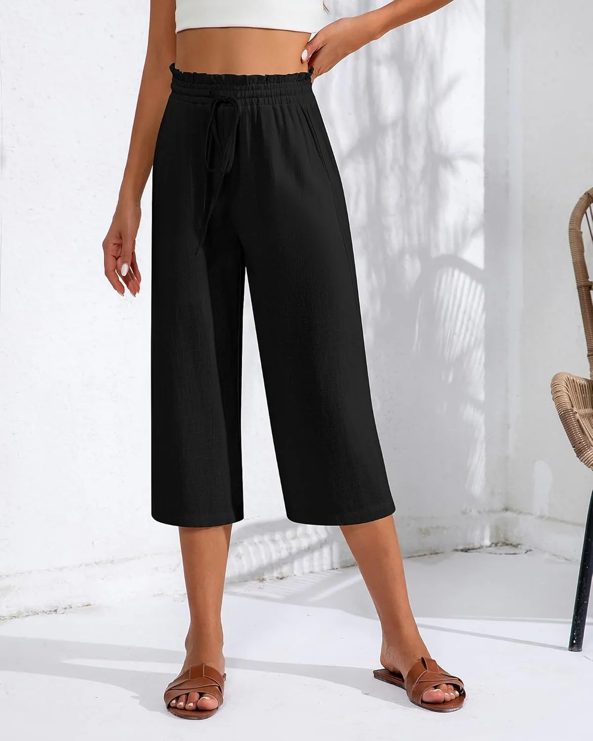 Neer 2 Pcs Women's Linen Wide Leg Capri Pants Beach High Waisted Drawstring Casual Loose Capris Pants with Pockets