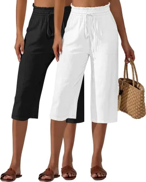 Neer 2 Pcs Women's Linen Wide Leg Capri Pants Beach High Waisted Drawstring Casual Loose Capris Pants with Pockets
