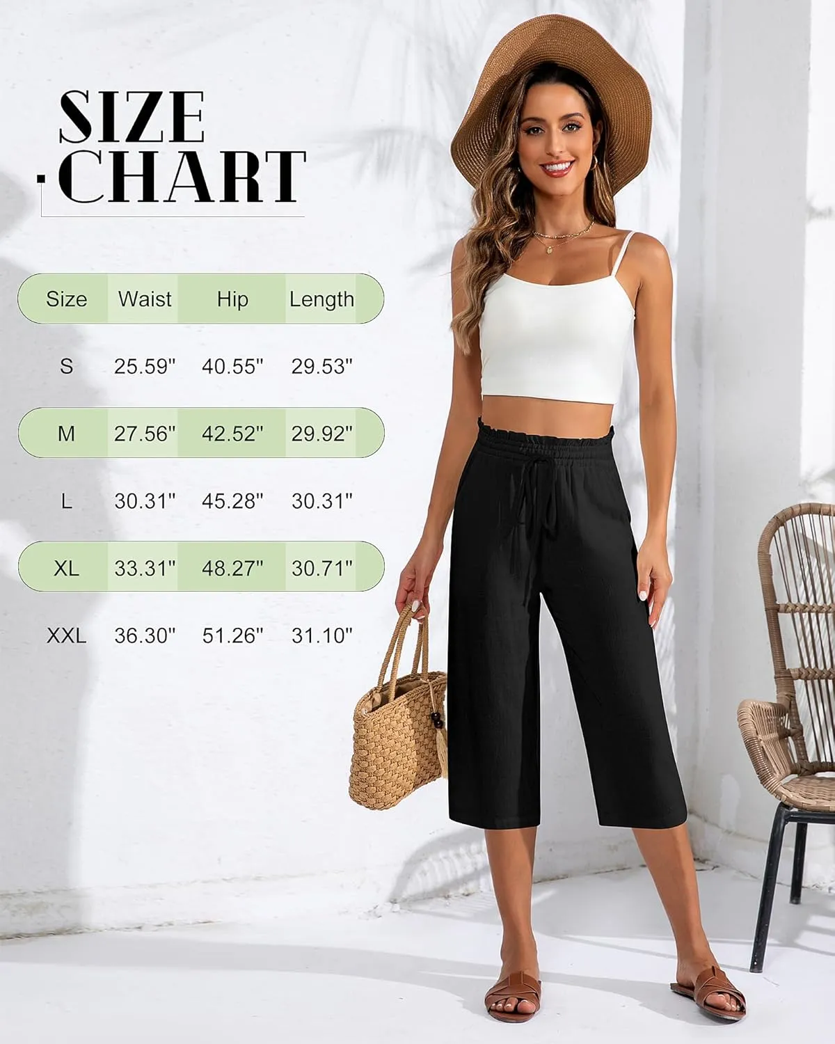 Neer 2 Pcs Women's Linen Wide Leg Capri Pants Beach High Waisted Drawstring Casual Loose Capris Pants with Pockets