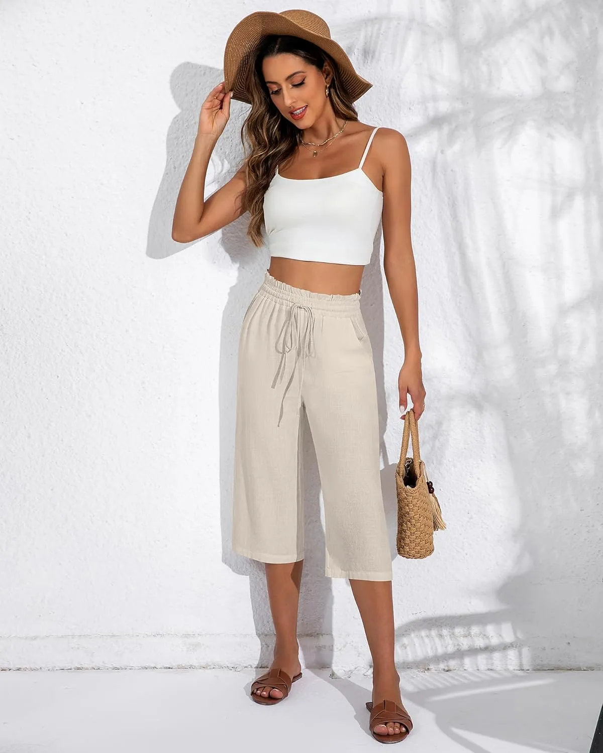 Neer 2 Pcs Women's Linen Wide Leg Capri Pants Beach High Waisted Drawstring Casual Loose Capris Pants with Pockets