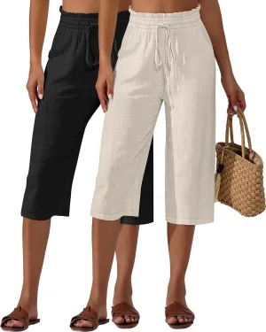 Neer 2 Pcs Women's Linen Wide Leg Capri Pants Beach High Waisted Drawstring Casual Loose Capris Pants with Pockets
