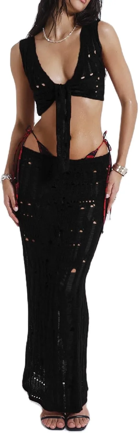 NUFIWI Y2K Camisole and Maxi Skirts Set Lace Patchwork Ruffle Spaghetti Strap Top Long Skirts Night Party Midi Skirt Suit