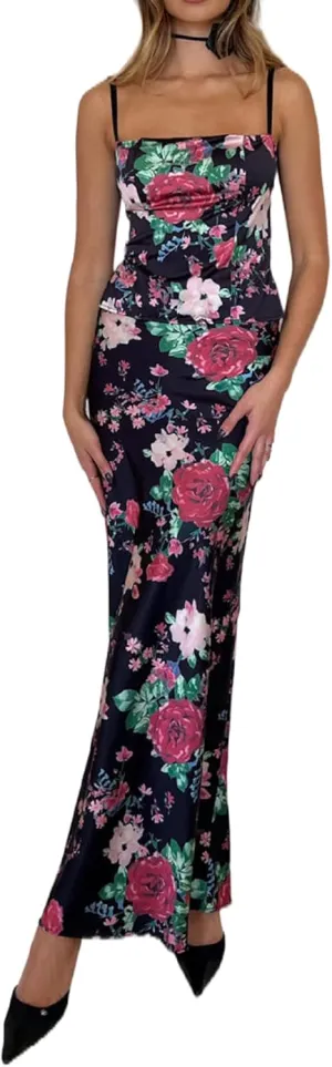 NUFIWI Y2K Camisole and Maxi Skirts Set Lace Patchwork Ruffle Spaghetti Strap Top Long Skirts Night Party Midi Skirt Suit
