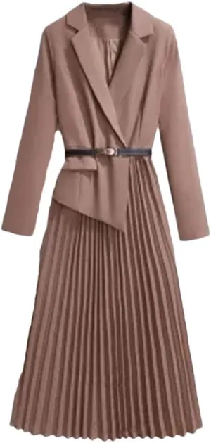 Office Lady Patchwork Blazer Dress Autumn Elegant Long Sleeve Notched Collar Belt Pleated Vestidos