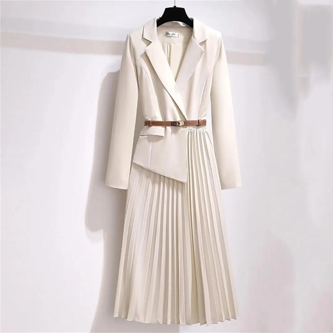 Office Lady Patchwork Blazer Dress Autumn Elegant Long Sleeve Notched Collar Belt Pleated Vestidos