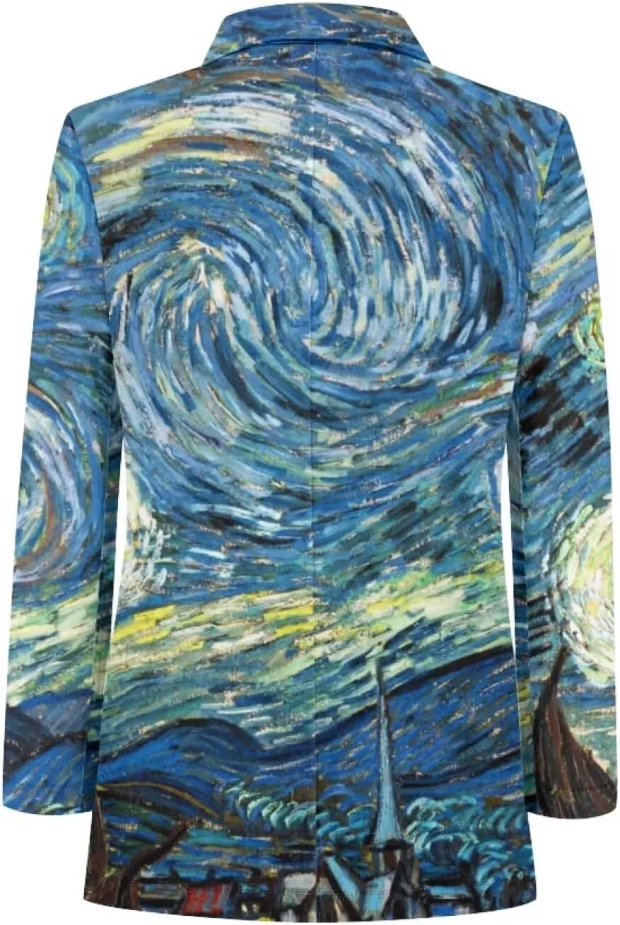 Oil Painting Printed Women's Long Sleeve Blazer with Pockets Single Button Jacket for Painting Exhibition, Party