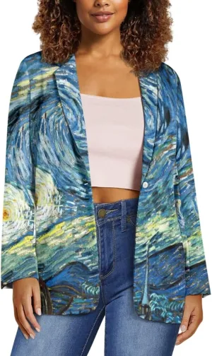 Oil Painting Printed Women's Long Sleeve Blazer with Pockets Single Button Jacket for Painting Exhibition, Party