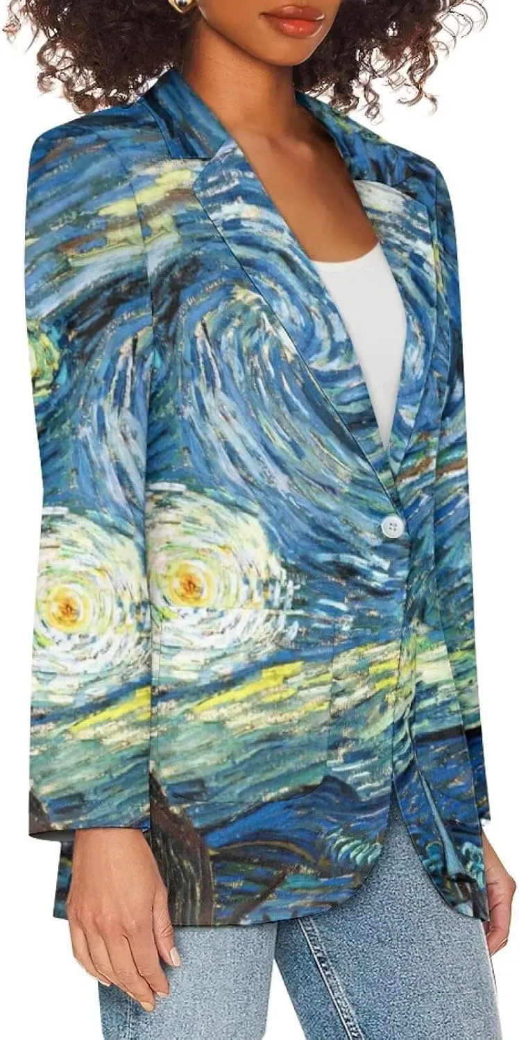 Oil Painting Printed Women's Long Sleeve Blazer with Pockets Single Button Jacket for Painting Exhibition, Party