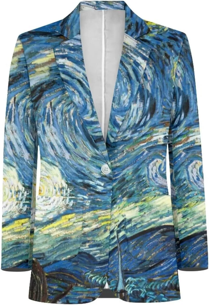 Oil Painting Printed Women's Long Sleeve Blazer with Pockets Single Button Jacket for Painting Exhibition, Party