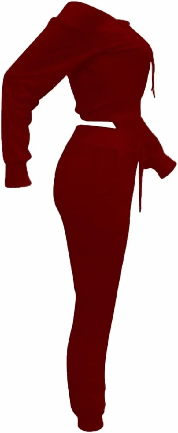 OLUOLIN Women Sexy Long Sleeve Two Pieces Outfits Tracksuit Lace Up Off Shoulder Casual Sweatsuit