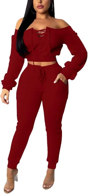 OLUOLIN Women Sexy Long Sleeve Two Pieces Outfits Tracksuit Lace Up Off Shoulder Casual Sweatsuit