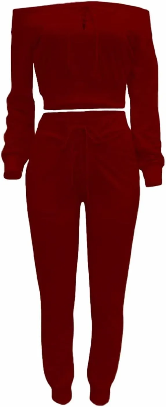 OLUOLIN Women Sexy Long Sleeve Two Pieces Outfits Tracksuit Lace Up Off Shoulder Casual Sweatsuit