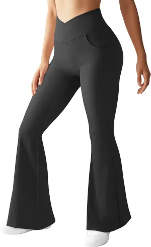OMKAGI V Waist Flare Leggings for Women Tummy Control Wide Leg Yoga Pants with Pockets