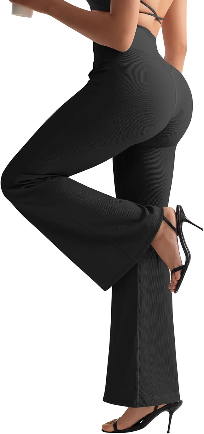OMKAGI V Waist Flare Leggings for Women Tummy Control Wide Leg Yoga Pants with Pockets