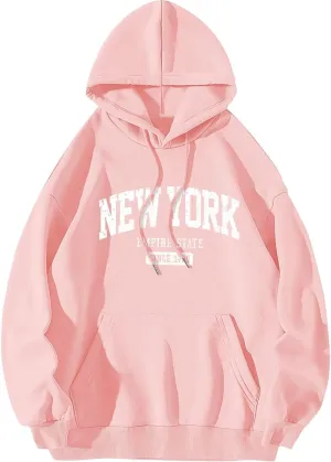ORANDESIGNE Letter Graphic Print Hoodies for Women Oversized Long Sleeve Casual Drawstring Fall Pullover Sweatshirt Tops